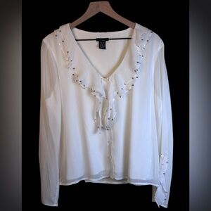 Bob Mackie Studio Blouse Ruffle Collar and Sleeves Rose Gold Sequins Size 14